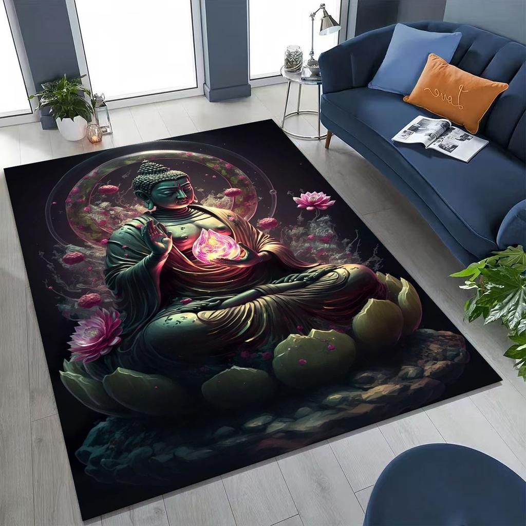 Věřící Slavnostní Buddha Šákjamuni Květinový Koberec do Ložnice Obývacího Pokoje Pohovka Domácí Rohožka Dekorace,Velká Dětská Hrací Protiskluzová Podložka na Podlahu Dárek