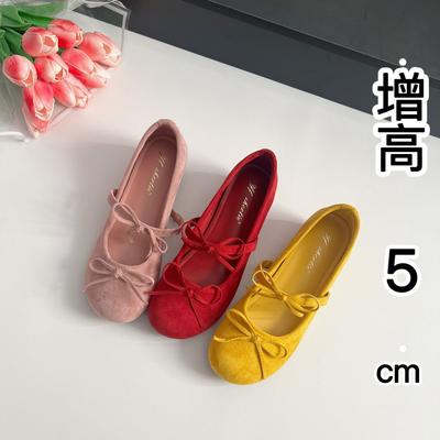 Sheepskin Version Inner Height Increase Retro Mary Jane Shoes Women's Word with Suede Shallow Mouth Round Head Bow Ballet Single Shoes Women
