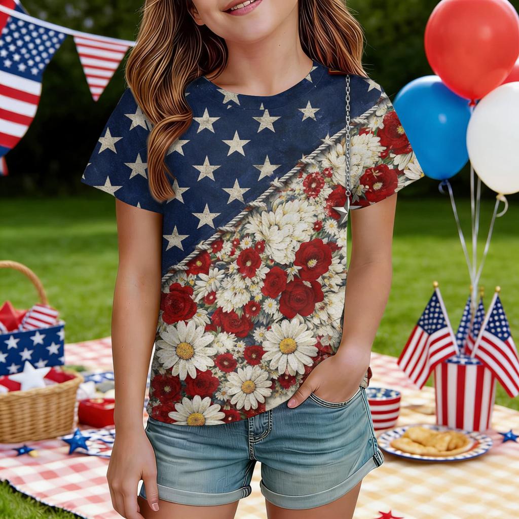 Kids Independence Day Print Round Neck Short Sleeve Casual T-shirt