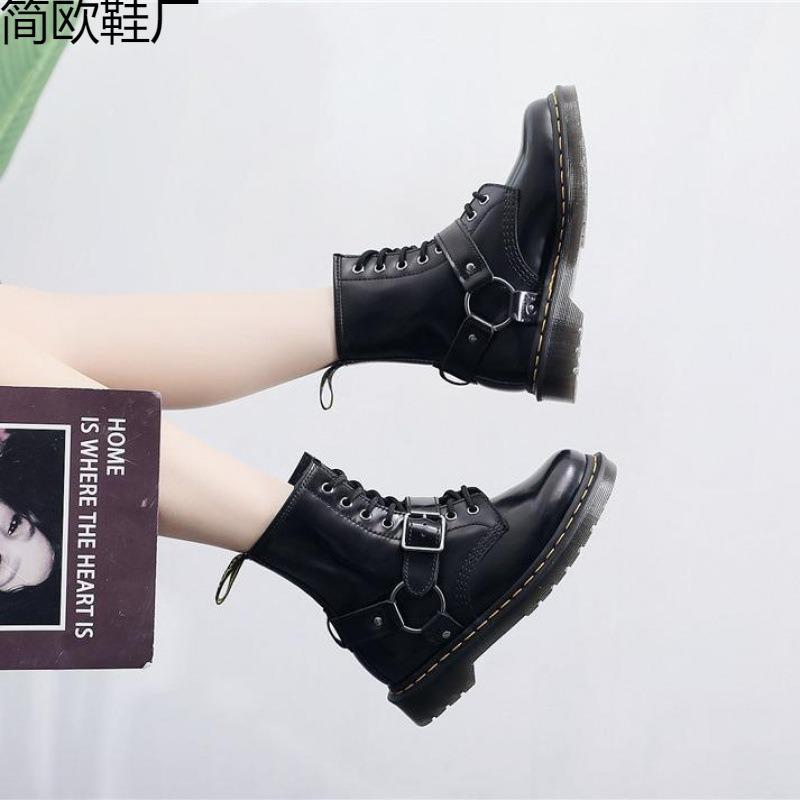 Martin Boots Buckle Belt Tooling Boots Women's Buckle Short Boots Men's and Women's Leather Boots Round Head Tide