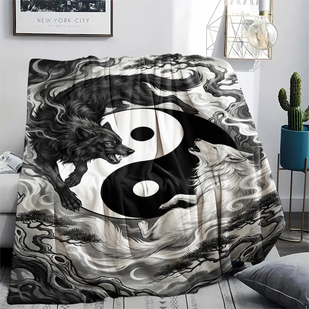 1Pc Tai Chi Animals Print Flannel Blanket, High quality Comfortable for All Seasons, Home Decor, Warmth and Comfort, Perfect for Christmas Gifts W106