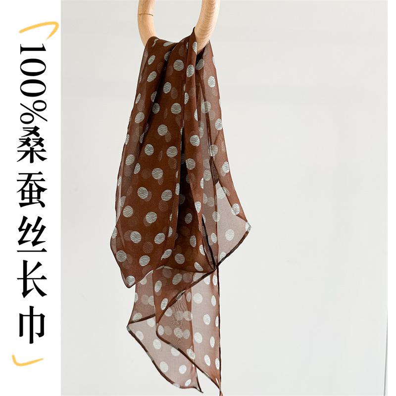 French Hepburn mulberry silk vacation versatile retro coffee color polka dot oblique silk scarf women's long streamer