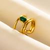 Green Striped Stone Vintage Gold Color Stainless Steel Open Adjustable Rings For Women Men Accessories Finger Jewelry Sun Flower
