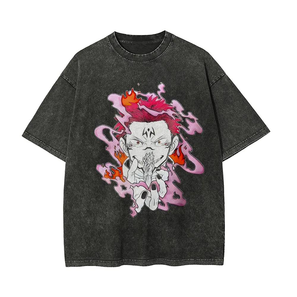 

Ryomen Sukuna Curse T-shirt Jujutsu Kaisen Fire Tee Vintage Washed Oversized Retro Anime Harajuku Men Streetwear Graphic Clothes M