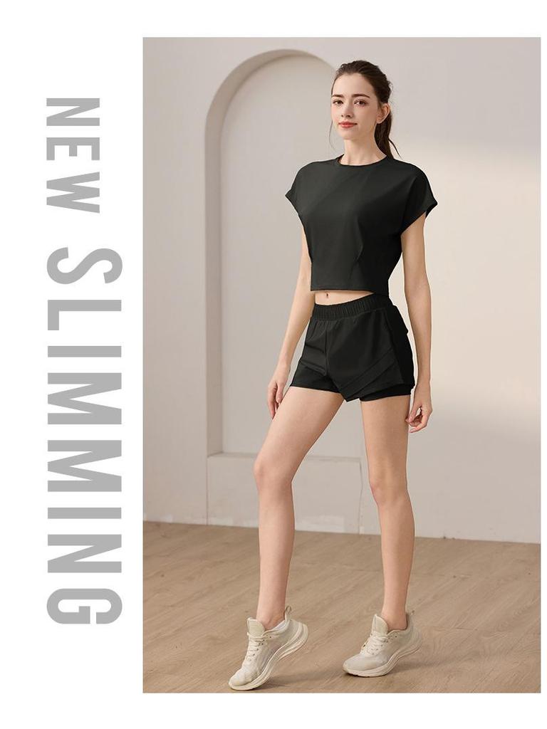 Damski Szybkoschnący Wyszczuplający Zestaw do Jogi: Oddychający top z krótkim rękawem i szorty fitness na lato.