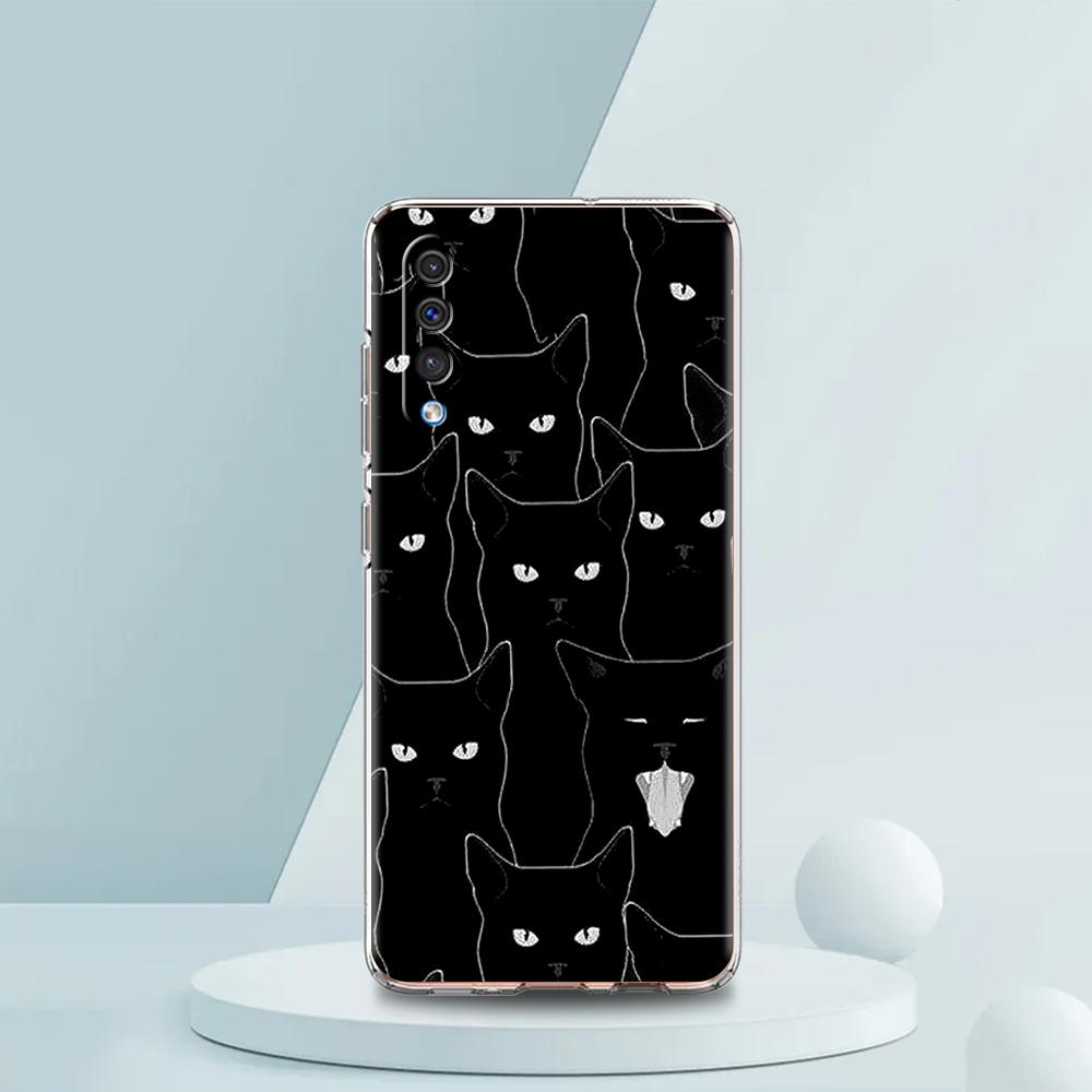 Чорний Кіт Мультяшний Милий Чохол Для Samsung A54 A52 A50 A70 A30 A40 A20S A20E A02S A12 A14 A22 A42 A72 A34 A32 5G A04s Прозорий Чохол