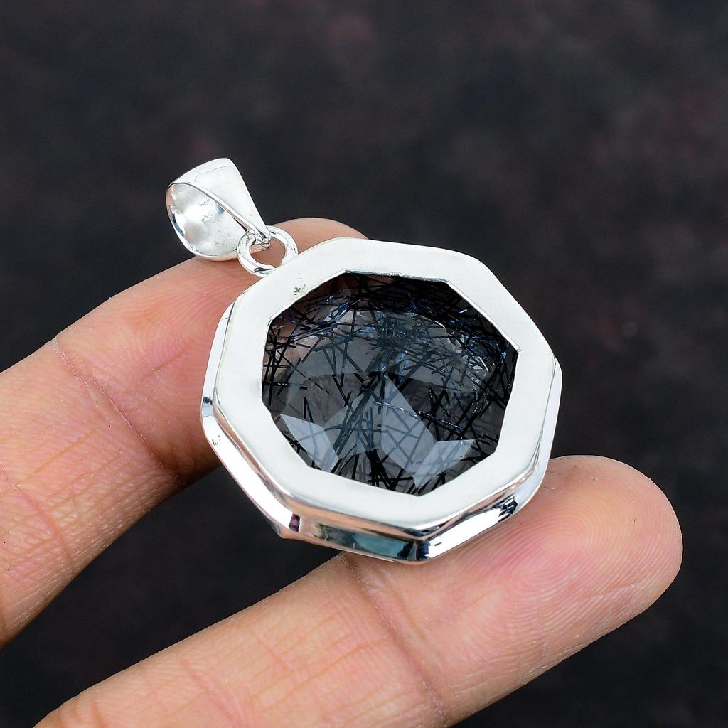 Faceted Black Rutile Pendant 925 Sterling Silver Pendant Handmade Pendant Top Quality Gemstone Jewelry Anniversary Gifts Statement Pendants