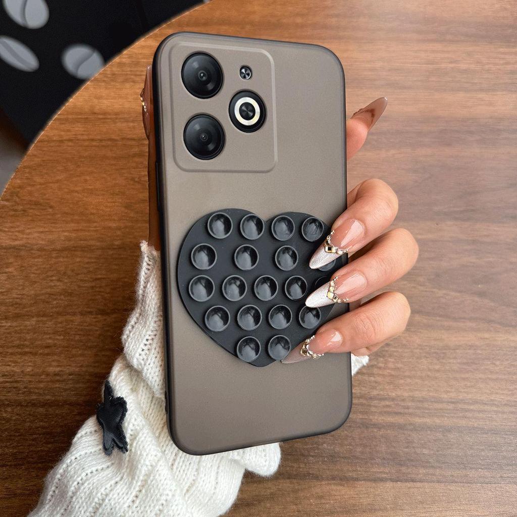 Heart Shape Suction Cup Phone Case for TECNO SPARK GO 2024,SPARK 20,20C,POP 8,infinix HOT 40i,SMART 10 HD 8 PRO, Semi Transparent Matte Soft TPU Cover