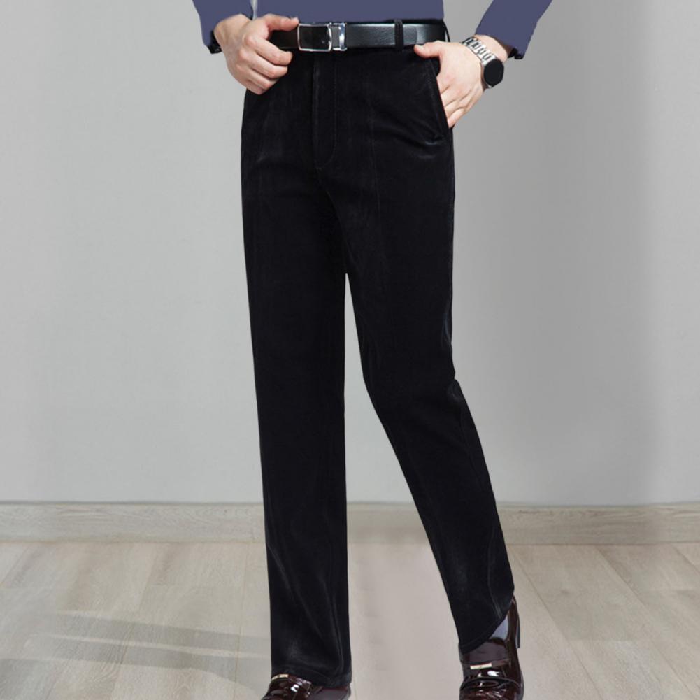 Mid-aged Men Pants Corduroy Solid Color Soft Plush Straight Wide Leg High Waist Button Zipper Closure Formal Business Style Long
