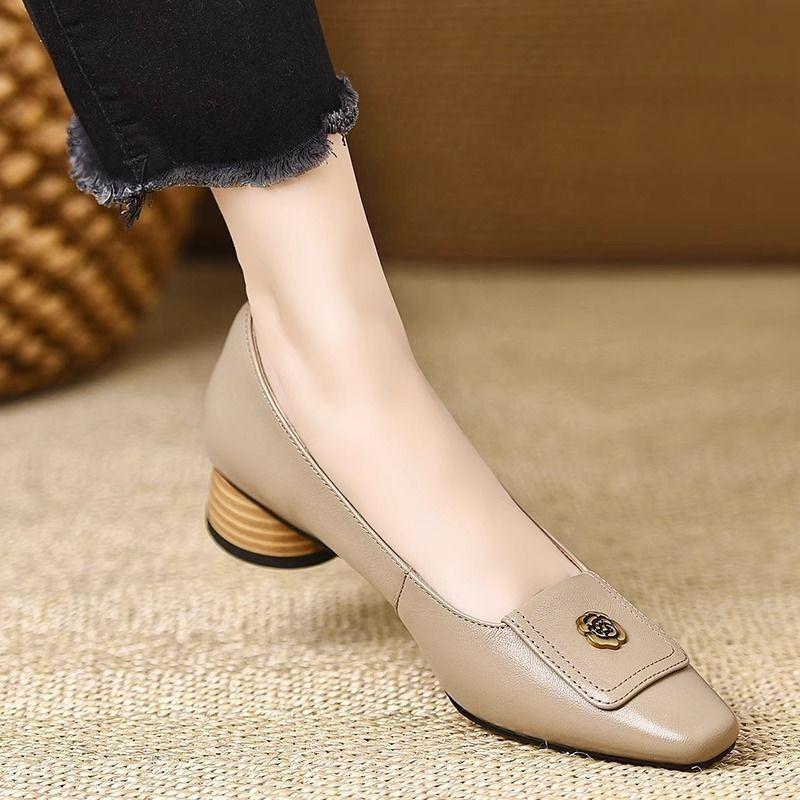 French Temperament Soft Leather Sole Heel Small Leather Shoes Women's 2024 New Spring and Autumn Square Head Shallow Mouth Single Shoes One Pedal Wom
