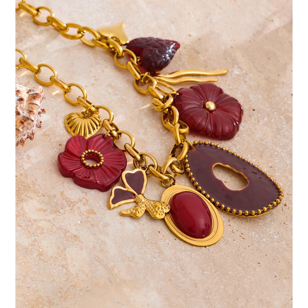 Eetit Red Resin Flower Charm Pendant Necklace 18K Golden PVD Plated Stainless Steel Statement New Arrivals Collar Jewelry 2025