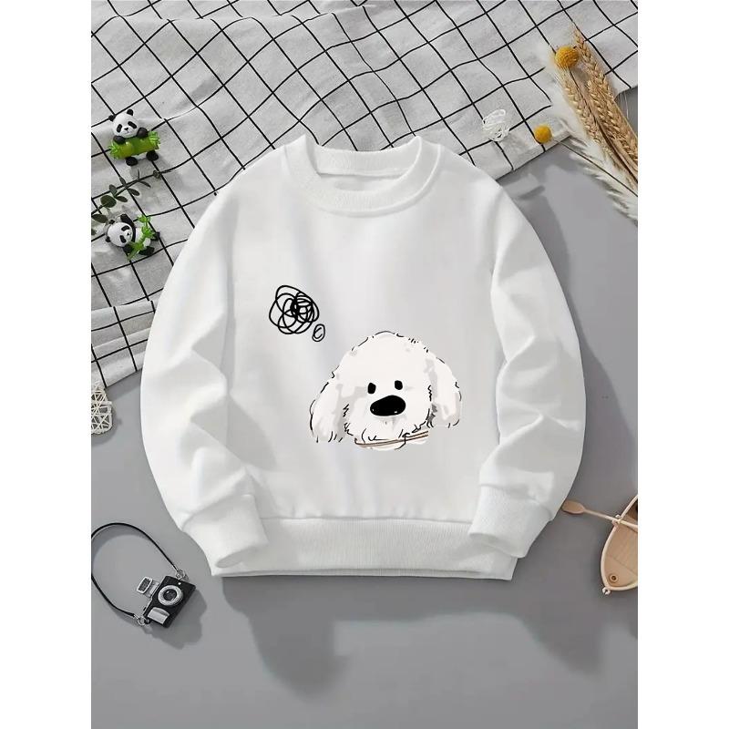 European sizes Kids' Crewneck Sweatshirt - Fluffy White Dog with Black Eyes , Sportswear And Casual Wear, Soft And Comfortable, Children's Clothing