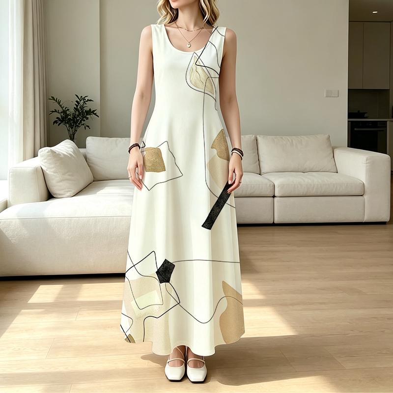 Women's Sleeveless Maxi Dress Lightweight Loose Fit with Geometric Design,Versatile for Beach Vacation & Daily Summer Casual Wear