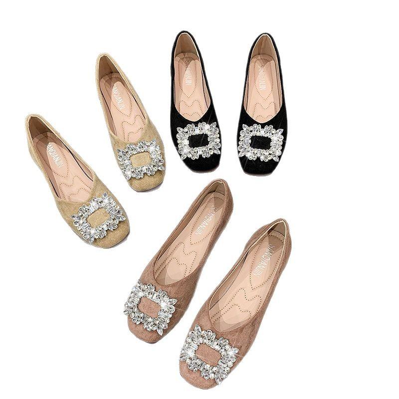 Single shoes women's spring 2025 new rhinestone square head shallow mouth flat bottom non-slip Internet celebrity fashion versatile gentle ladyshoes