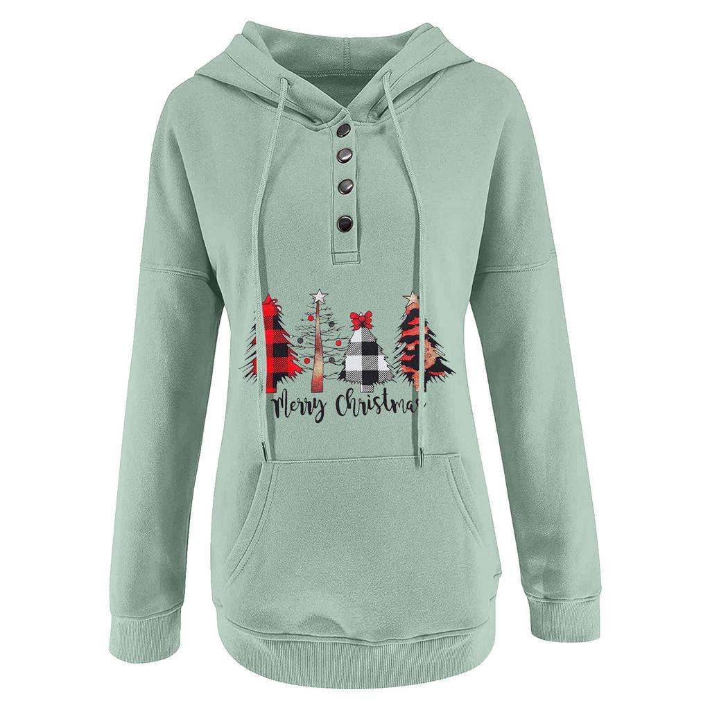 Women  Winter Casual Christmas Fashion Print Hooded Button Sweatshirt