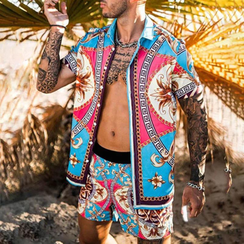 Summer Men's Fashion Leopard Print Short Sleeve Shirt And Shorts Set Beach Style T Shirt Breathable Shorts Two Piece Set