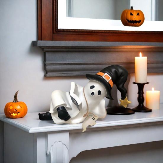 Halloween Ghost Statue Resin Sculpture Waterproof UV Resistant Holding Book Tabletop Decoration Party Ornament