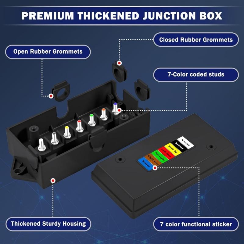 Heavy Duty 7 Way RVs Electrical Junction Box Color Coded Terminals For Tail Lights Brake Lights Trailers Connection Box