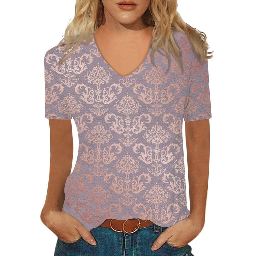 Sommer V-Ausschnitt 3D Abstraktes Retro-Muster Bedrucktes Oberteil Modische Lässige Kurzarm Damen T-Shirts