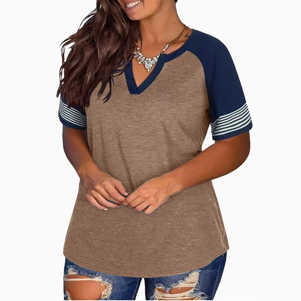 2024 Euro-America V-Neck Color Block Short Sleeve Loose Top