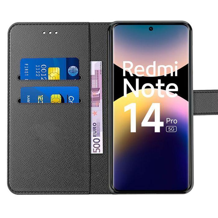 Coque - E.F.CONNECTION - Pour Xiaomi Redmi Note 14 Pro 5G - Synthécuir Noir - 2 Verres Trempés - Antichoc