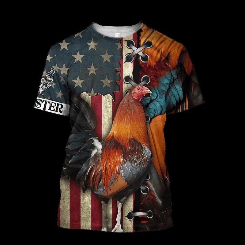 Fighting Rooster 3D Printed Round Neck T-shirt for Men, Fashionable Short Sleeved Pullover, Casual Street Harajuku Tops