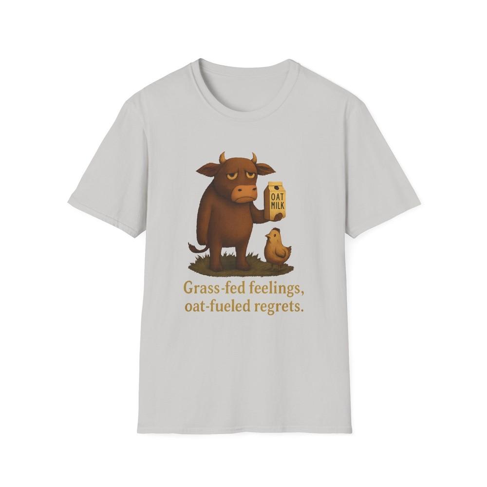 

Unisex Softstyle Sad Cow Oat Milk T-Shirt – Funny Dairy-Free Farm Animal Tee S