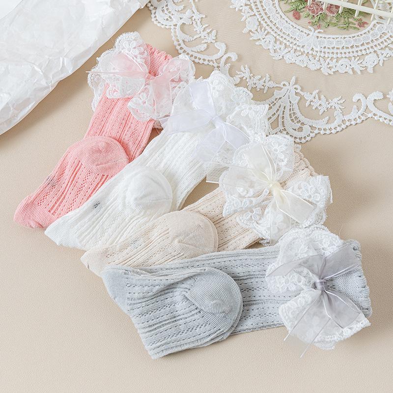 Cute Lace Bow Baby Girl Stockings Spring Summer Mesh Breathable Calf Socks Korean Kids Cotton Thin Middle Tube Socks