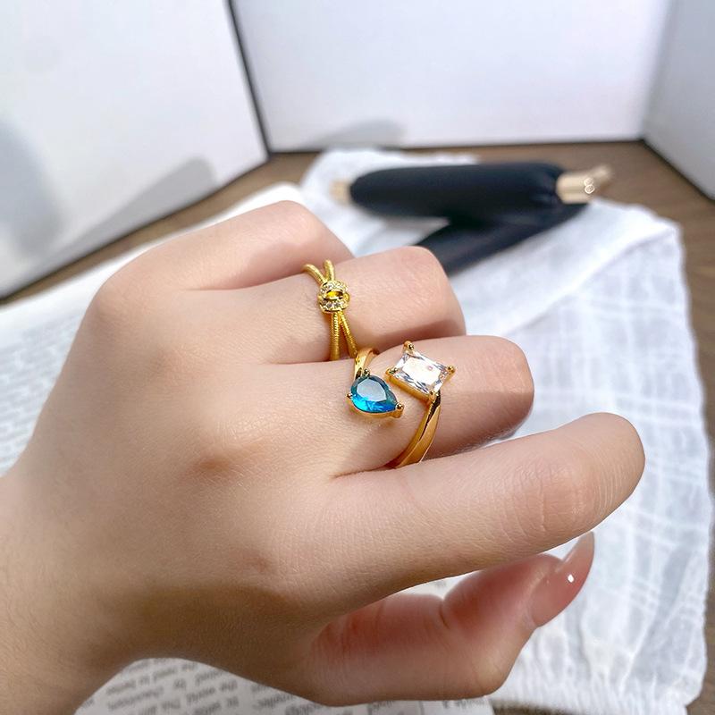 Medieval Stacked Wearing Sea Blue Horse Eye Diamond Opening Ring Women'S Double Head Bow Blue And White Flash Diamond Personalized Ring