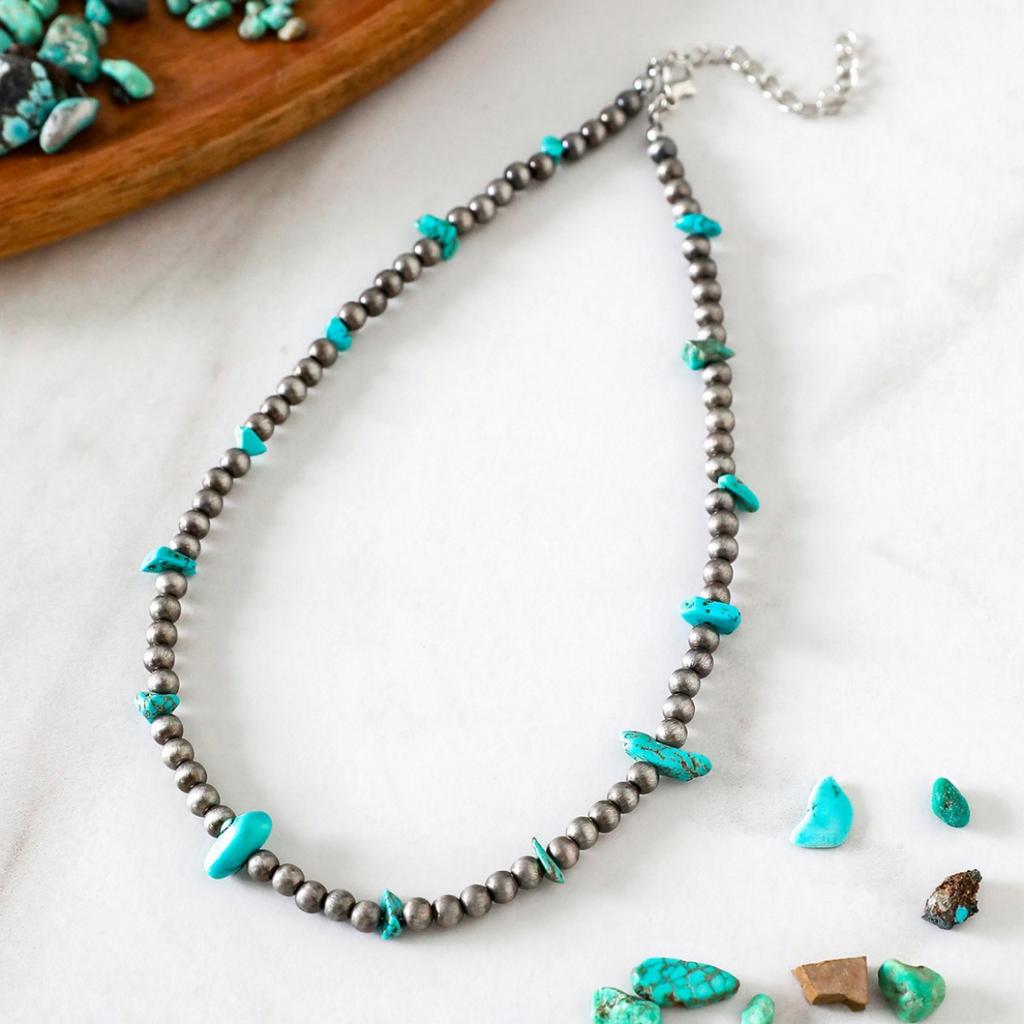Western Wind Brushed Tin Imitation Turquoise Necklace Ccb Navajo Men And Women Pendant Neck Chain Jewelry