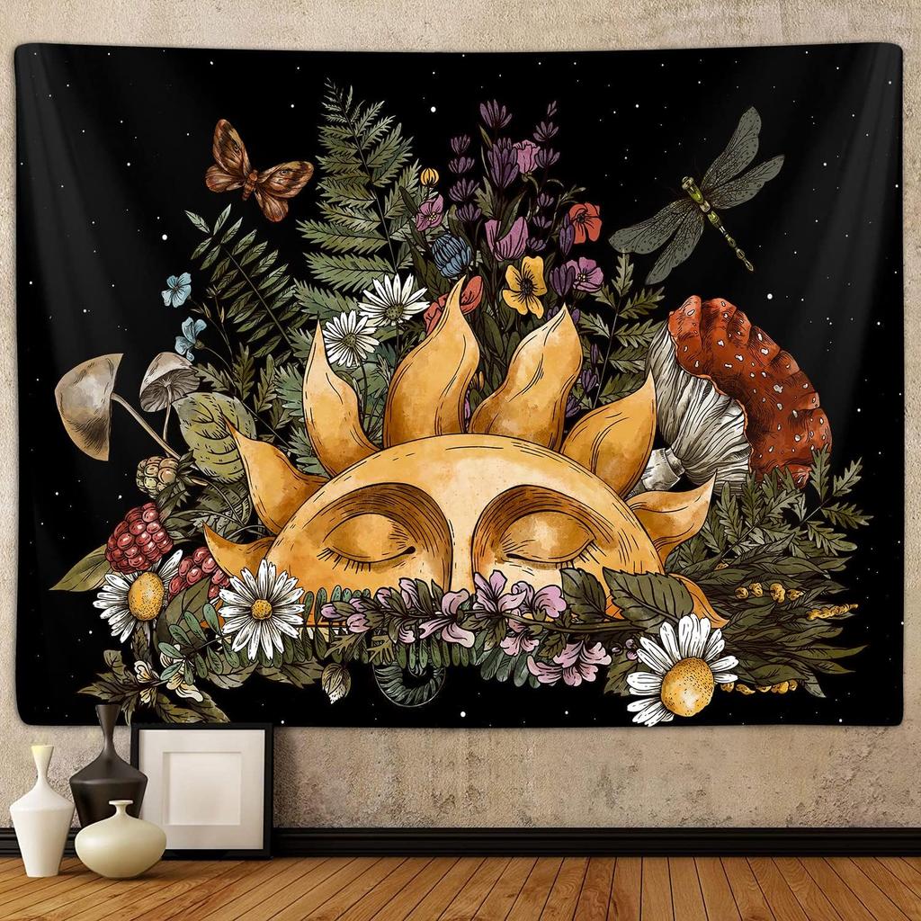 Boho Pilz Libelle Wandteppich für Schlafzimmer Ästhetisch Vintage Botanische Pflanzenkunst Wandbehänge für Studentenwohnheim