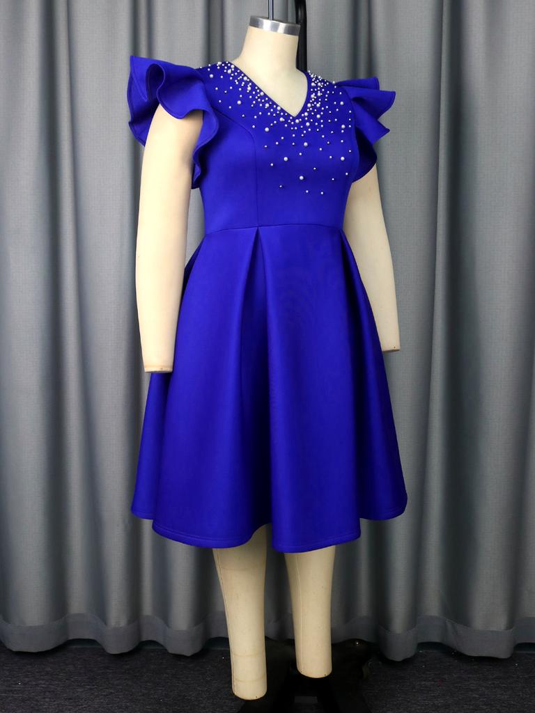 A Line Ruffle Sleeve Plus Size Dress with Pearl Embellished Neckline Ideal for Wedding Cocktail Parties and Special Celebrations