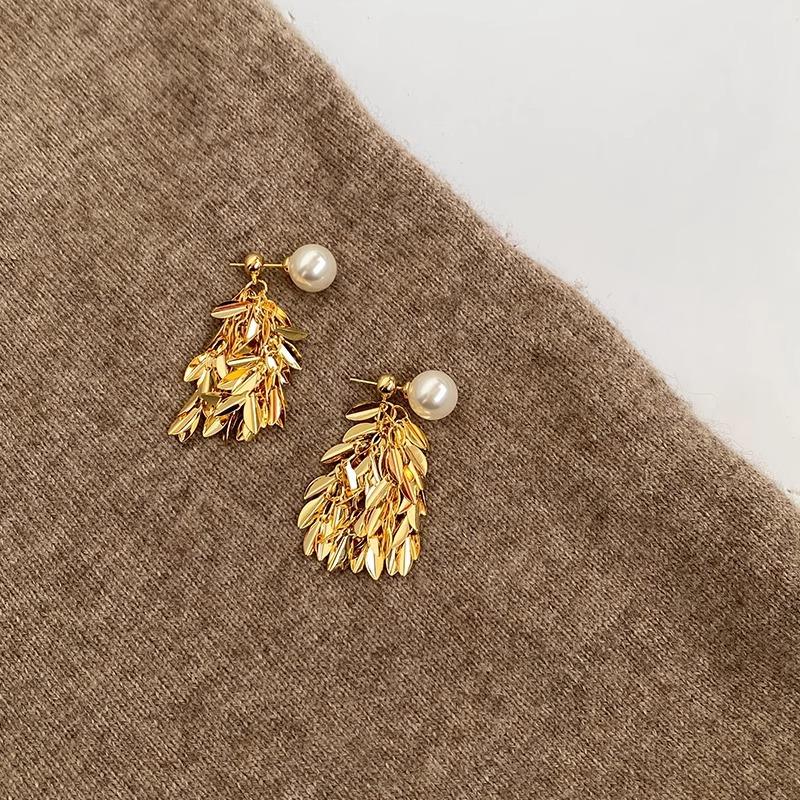 Silver needle gold wheat ear leaf fringed pearl earrings women s high-end stud earrings