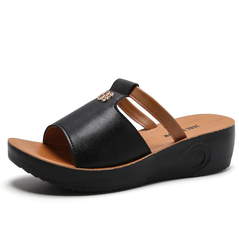 Fashion 2025 Womens Summer Slipper Retro Wedge female Casual Sandals Premium Open Toe Genuine leather sandal Vintage Non-Slip slipper