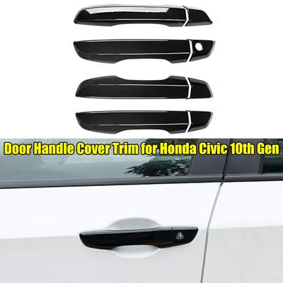 For Honda Civic 10th Gen 2016-2021 LHD 4Pcs Car Exterior Door Handle Moulding Cover Trim w/Keyless Entry Decor Glossy Black/Carbon Fiber