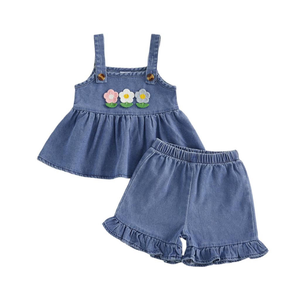 Adorable Infant Girl Floral Denim Ensemble with Sleeveless Babydoll Top and Ruffle Shorts for a Stylish Summer Look