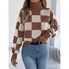 Women Casual High Neck Color Block Plaid Lantern Long Sleeve Pullover Sweater