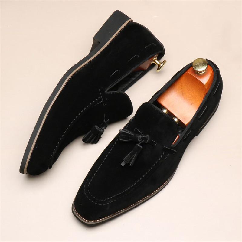 High Quality Tassels Loafers New Men's Pointed Suede Leather Shoes Male Designer Formal Wedding Prom Dress Homecoming Footwear