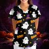 Women's Halloween Print V-Neck Short Sleeve Scrub Top with Pockets, Loose Fit