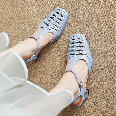 Krazing Pot Sheepskin Square Toe Size 41 Thick High Heels Party Wedding Shoes Autumn Hollow Decoration Summer Shallow Pumps