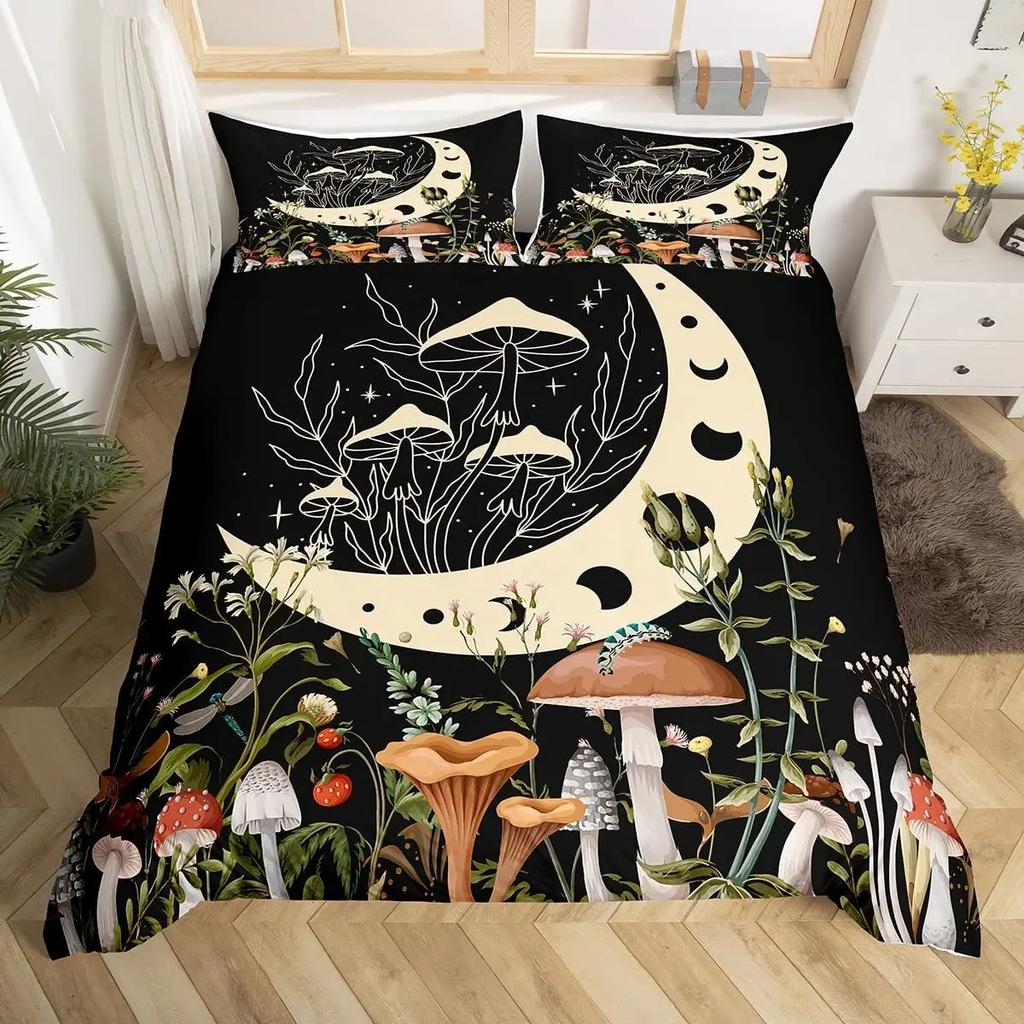 Glitter Starry Sky Galaxy Duvet Cover Mushroom Butterfly Quilt Cover Microfiber Star Moon Palm Leaves Flowers Queen Bedding Set