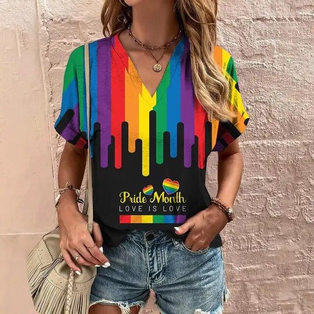 Women'S T-Shirt 3d Rainbow Color Print Tops Tees Fashion Casual V-Neck Pride Month Clothing Summer Lady Oversized Pullovers