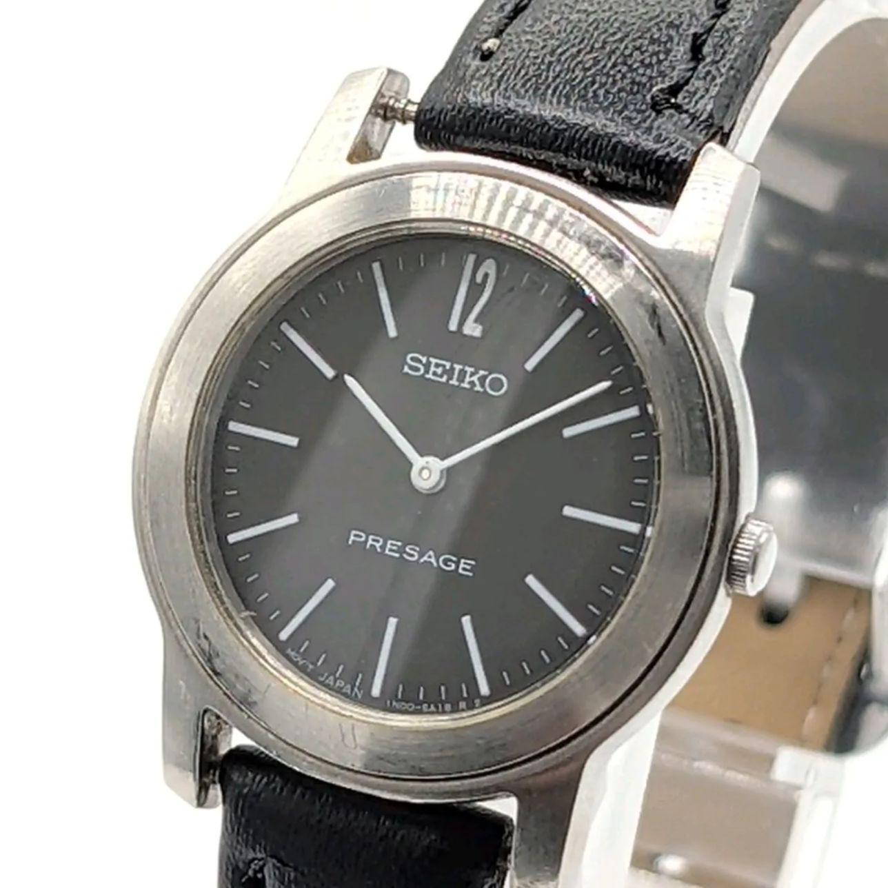 Used SEIKO PRESAGE 1N00-1E90 Watch Quartz Ladies Silver Balck dial Round Y2K 00S Seiko Presage Watch Quartz Ladies Round Silver Black Dial Vintage