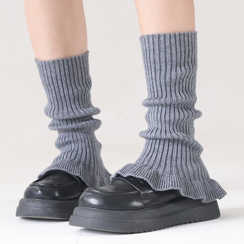 Autumn&Winter Solid Color Horn Knitted Stacked Stocking Women's Vertical Strip Warm Woolen Socks Cover Mushroom Lace Leg Cover