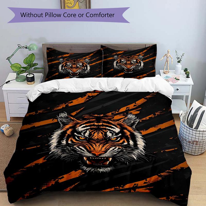 

3pcs Orange Stripes Tiger Quilt Set Cartoon Themed Bed Quilt Set Lovely Character Bedroom Decor Bed Quilt Set Four Seasons (1 Cover + 2Pillowcase 135x200cm