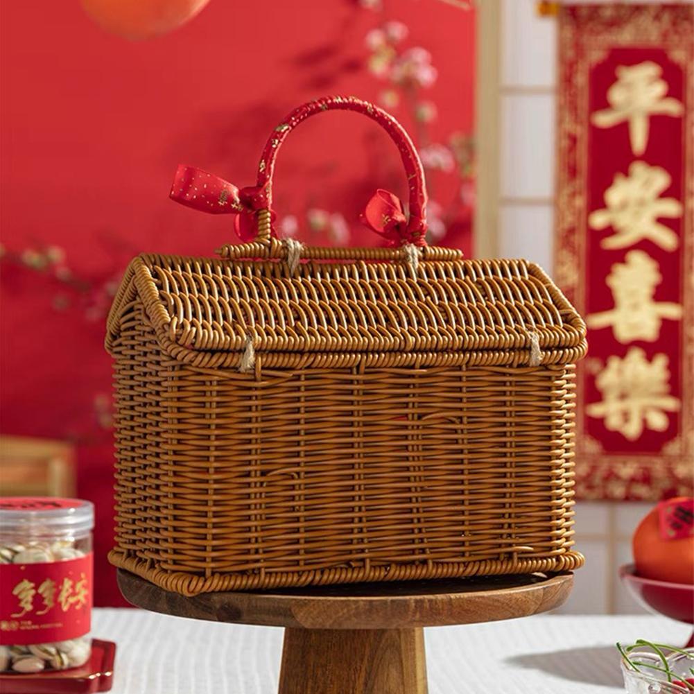 Rattan House Shaped Basket with Lid, Decorative Hand Woven Shelf Organizer with Folding Handle, Harvest Wicker Basket For Picnic