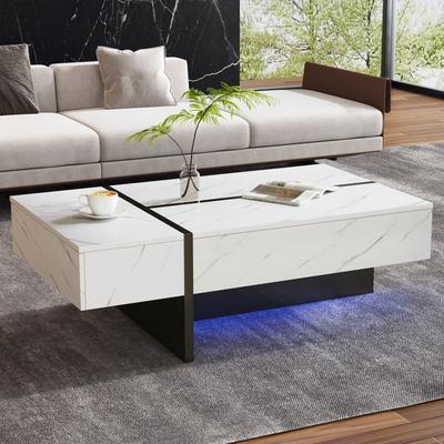 WF323711WAA) Moderner weißer Couchtisch LED-Beleuchtung, Marmormuster, Hochglanz-Tischplatte - 105*60*35cm - unregelmäßiges Design, Sideboard für Wohnzimmer