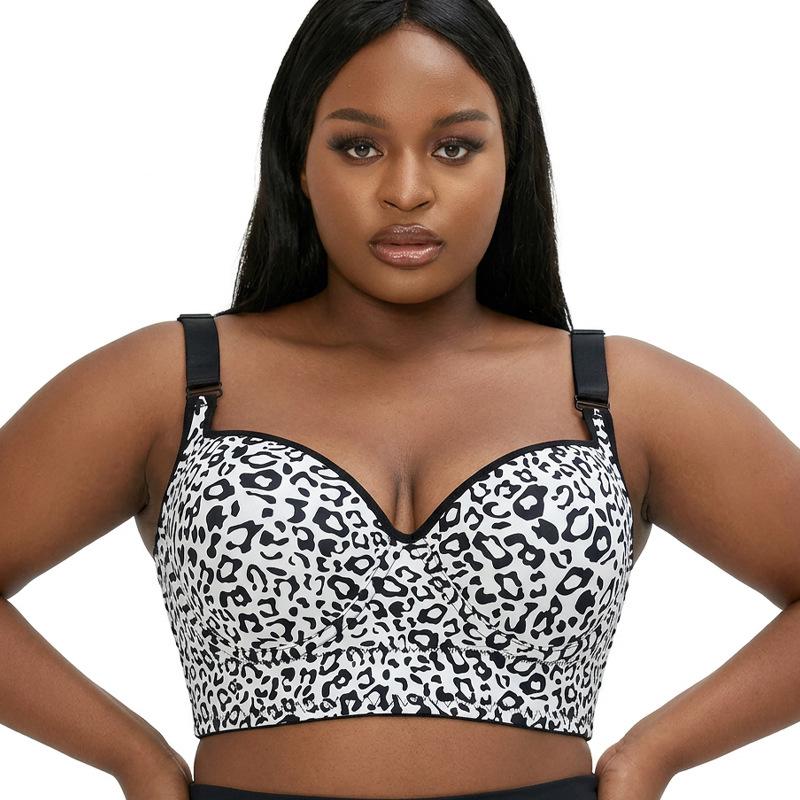 European Plus Size Leopard Print Adjustable Tank Style Full Cup Bra for Women