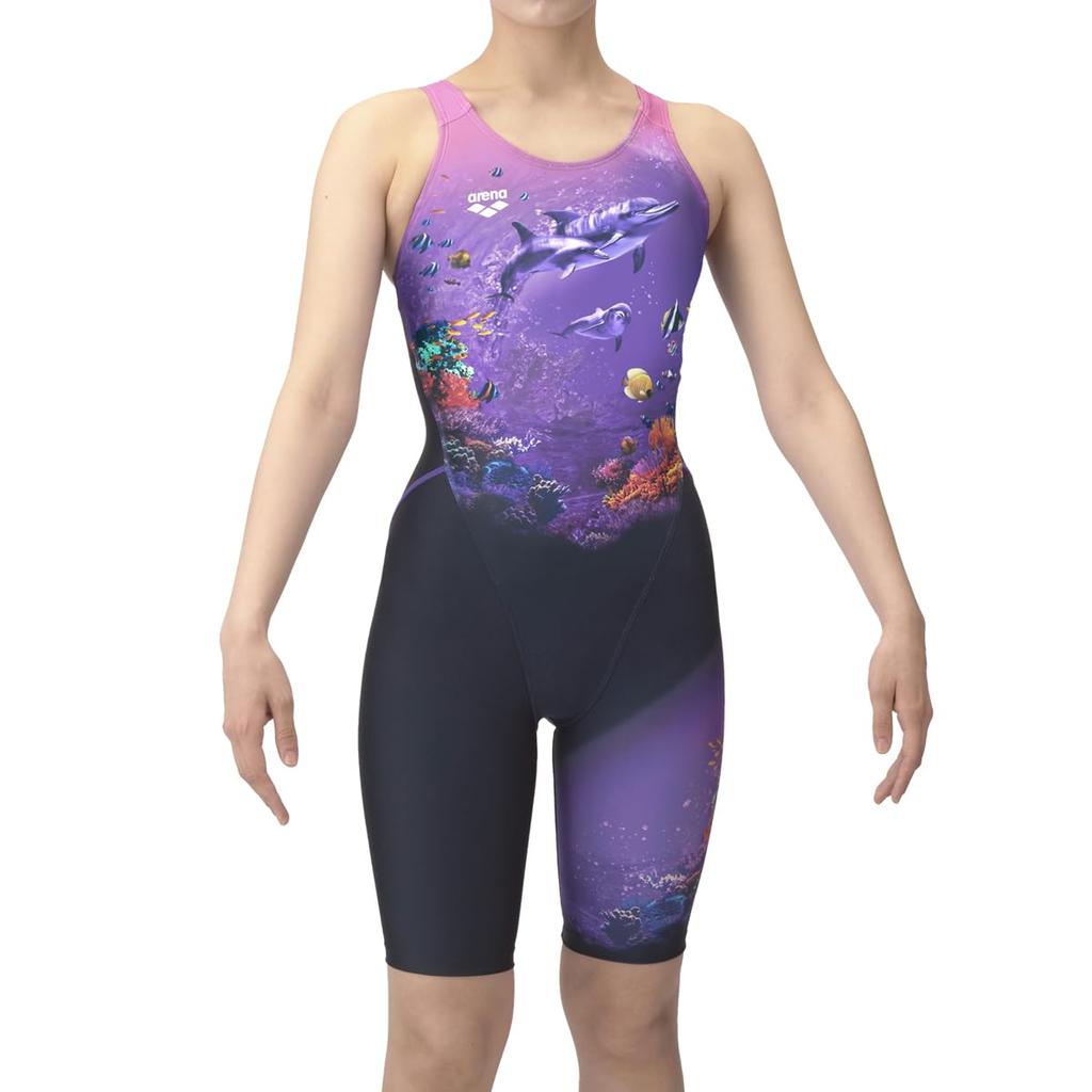 Swimsuit Fitness One Piece Spats Half Snug Navy x Purple O [Arena] (Open Back, Leg, Pad) Women's (NVPP)