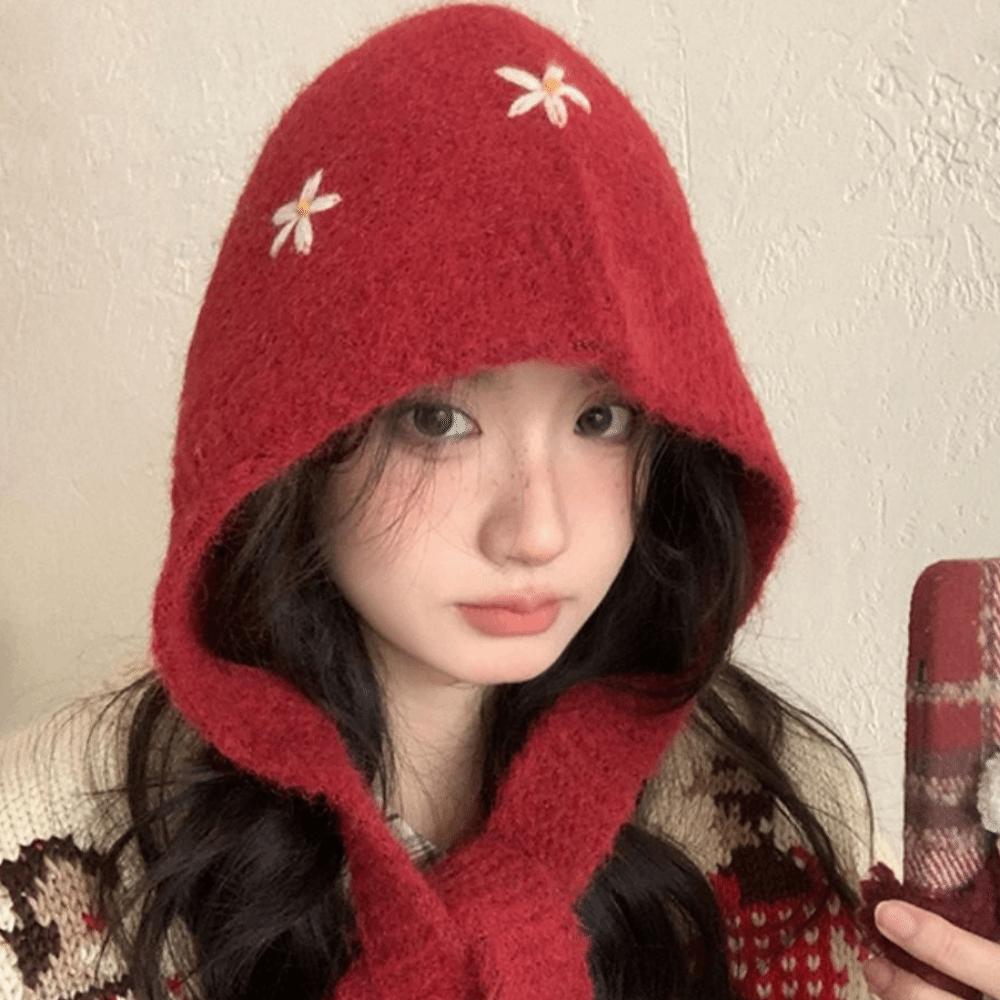 Sweet Knitted Balaclava Hat Embroidered Flowers Pullover Cap Casual Neck Collar Beanies Cap Girls